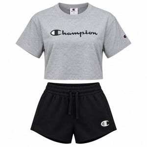 Champion Womens Iconic Crop Tee Shorts Set Gray Black CPW253TS04002 Small NWT